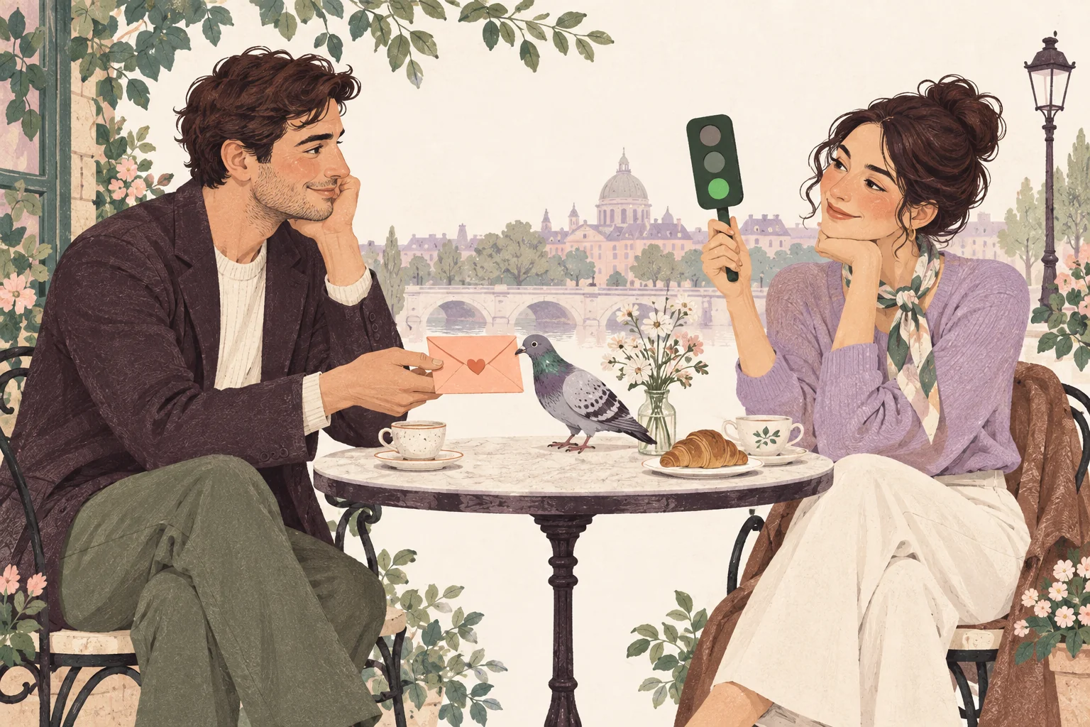 An adult couple shares a sealed love letter at a cafe while one holds a small green traffic light.