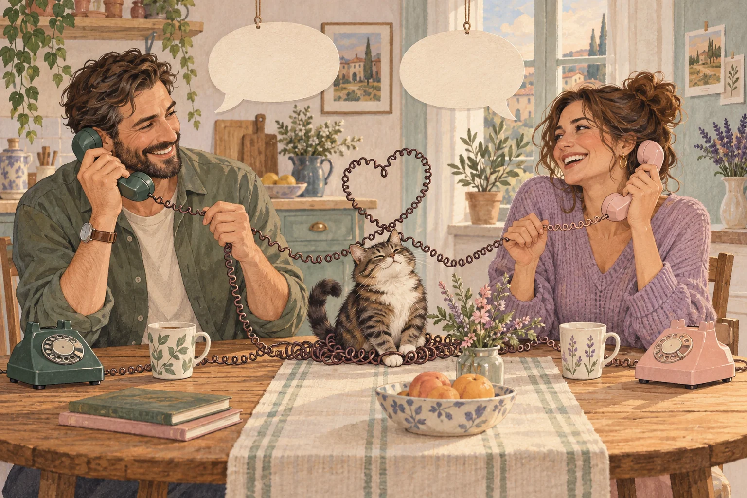 Two adults laugh over a heart-shaped telephone cord while a cat sits between them.