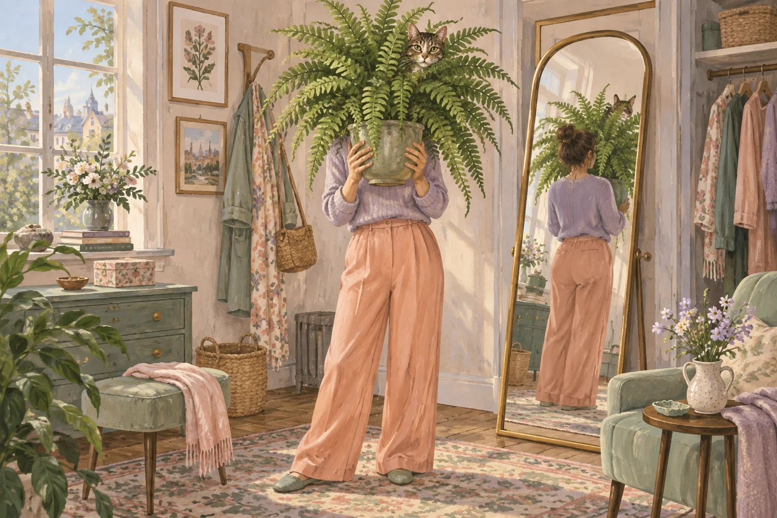 A fully clothed woman hides behind a fern while a mirror and a curious cat complete the scene.
